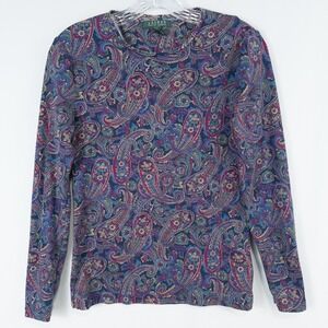 Lauren Ralph Lauren Cotton Paisley Long Sleeve T Shirt Womens Medium Boho Retro